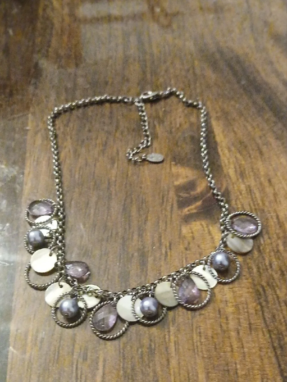 CookievLee Silver-Tone Purple Faux Pearl & Mother-of-Pearl Disc Necklace